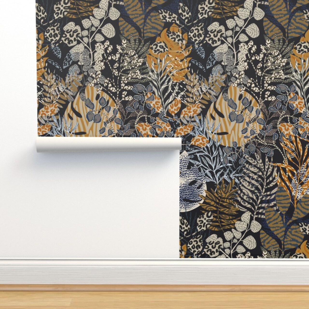 Blue Leaves Animal Print Wild Dark Tropical Tiger Cheetah Lizard Botanical Floral Large Scale Jungle Custom Pre-pasted Wallpaper by Spoonflower Pre-Pasted Wallpaper 2FT Wide